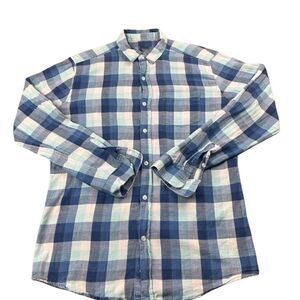 Saks Fifth Avenue Shirt Mens Medium Blue Plaid Slim Long‎ Sleeve Button Down